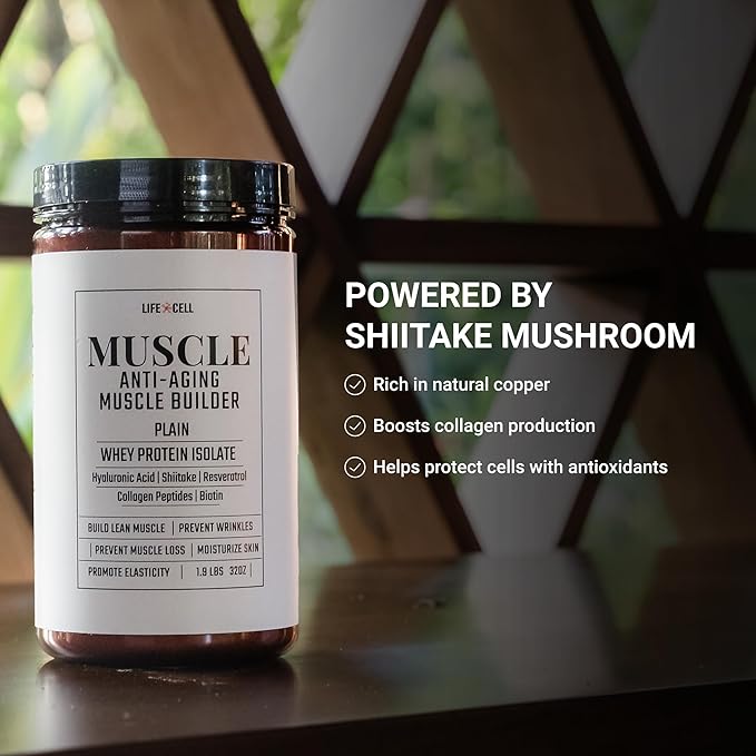 LifeCell Whey Protein – Anti-Aging Muscle Builder with Shiitake Mushroom, Collagen & Hyaluronic Acid – Chocolate, No Sugar Added, Soy-Free, Gluten-Free, 600g (18 Servings)