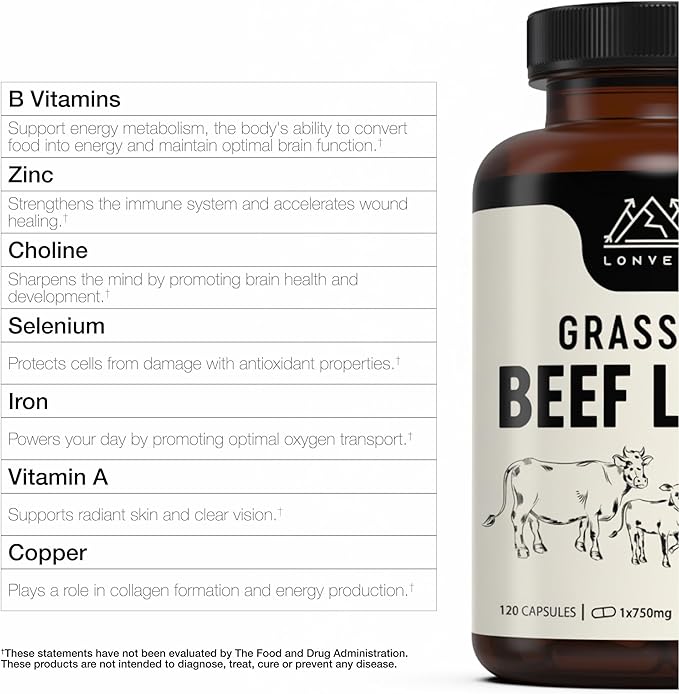 Lonvera Grass Fed Beef Liver Supplement – 3000mg Freeze Dried Desiccated Organs – Nutrient Source for Joints, Bones, Hair, Skin, Nails & Daily Energy – 120 Pasture-Raised Capsules - 90 Day Supply