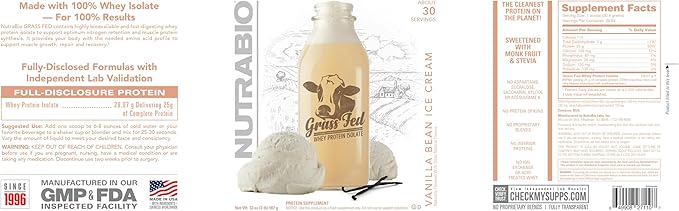 NutraBio Grass Fed Whey Isolate Protein Powder - 25G of Protein Per Scoop - Sugar Free Natural Lean Muscle Protein Supplement - Vanilla Bean- 2 Pounds, 29 Servings.