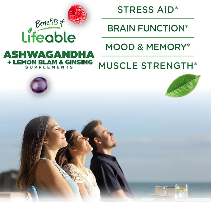Lifeable Ashwagandha Gummies with Lemon Balm & Ginseng | Vegan Non GMO Ashwagandha Supplement | for Women and Men | 60 Gummies