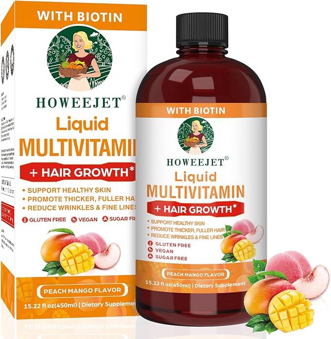 Liquid Multivitamin for Hair Growth | Biotin 10000mcg | Hair & Skin Support Supplement | Clinically Tested for Thicker Hair & Skin Elasticity | Suitable for Women & Men, Ages 18+ | 15.22 Fl Oz (1)