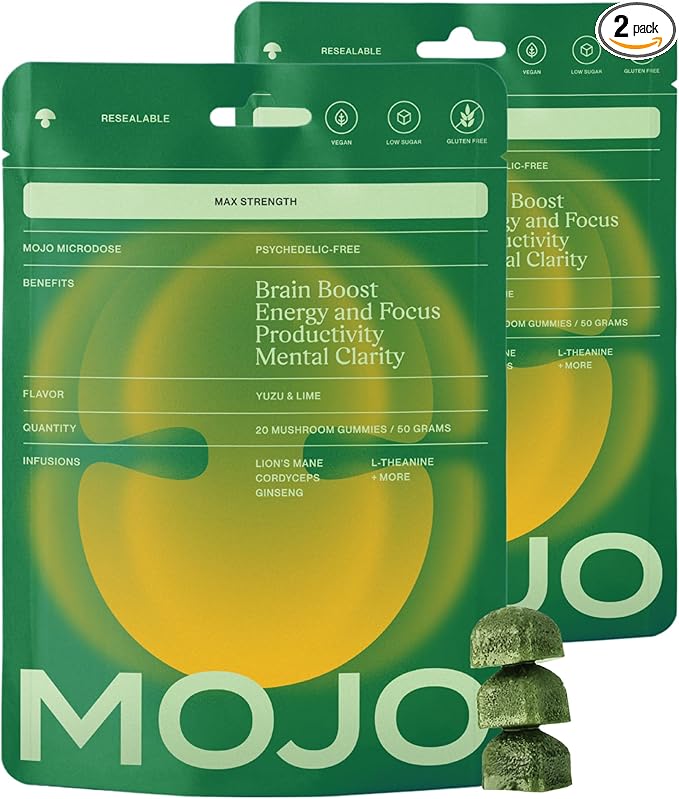Mojo Extra Strength Focus Gummies with Lion’s Mane, Cordyceps, Ginseng & L-Theanine - Mushroom Gummies Brain Supplement for Adults, Memory/Energy Support, Focus Fuel, Yuzu Lime (2 Pack)