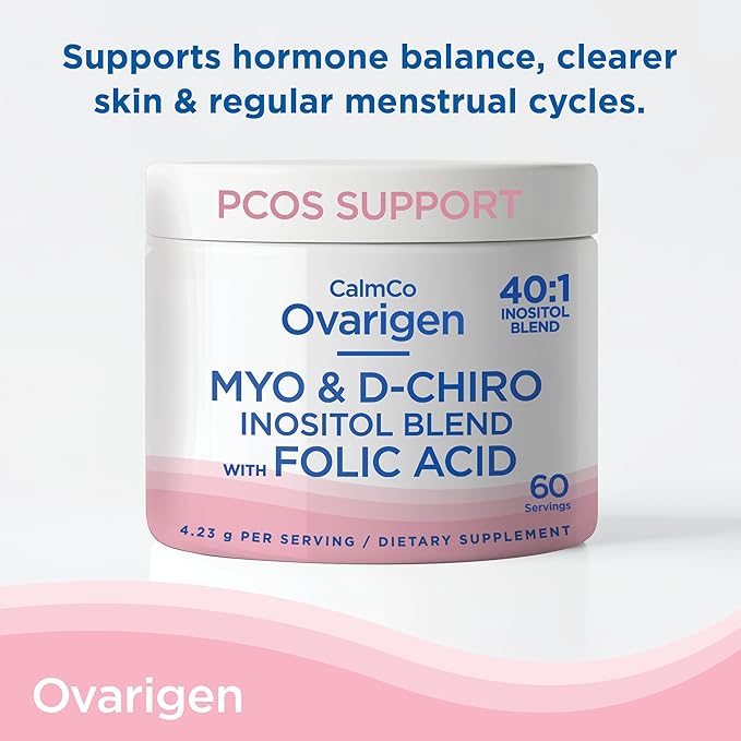 CalmCo Ovarigen Myo-Inositol & D-Chiro Inositol Supplement for Women – 40:1 Inositol Powder with Folic Acid, Fertility Supplements for PCOS, Hormone Balance and Ovarian Support (60 Servings)