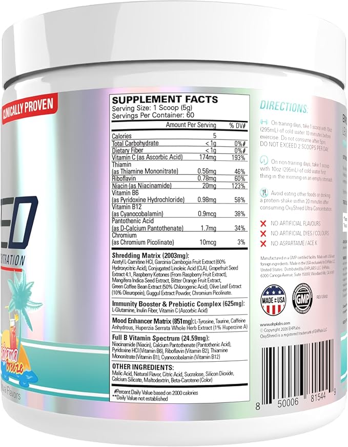 EHP Labs OxyShred Pre Workout Powder - Preworkout Powder with L Glutamine & Acetyl L Carnitine, Energy Boost Drink - Bahama Breeze/Beach, 60 Servings