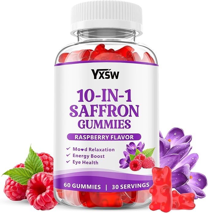 Saffron Gummies, Saffron Supplements for Kids & Adults with Ashwagandha, L-Theanine, Lemon Balm, Vitamin D3, B6, Magnesium & Zinc - Support Focus, Relaxation, Raspberry Flavor, 60 Count