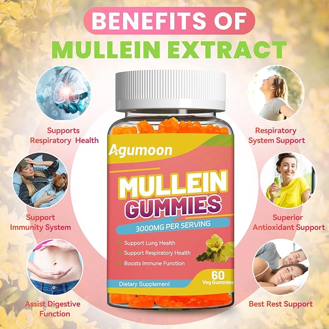 2PACK 3000MG Mullein Gummies, Extra Strength Mullein Leaf Extract with Quercetin, Bromelain for Lung Detox & Immune Support, Mango Flavor, 120 Count