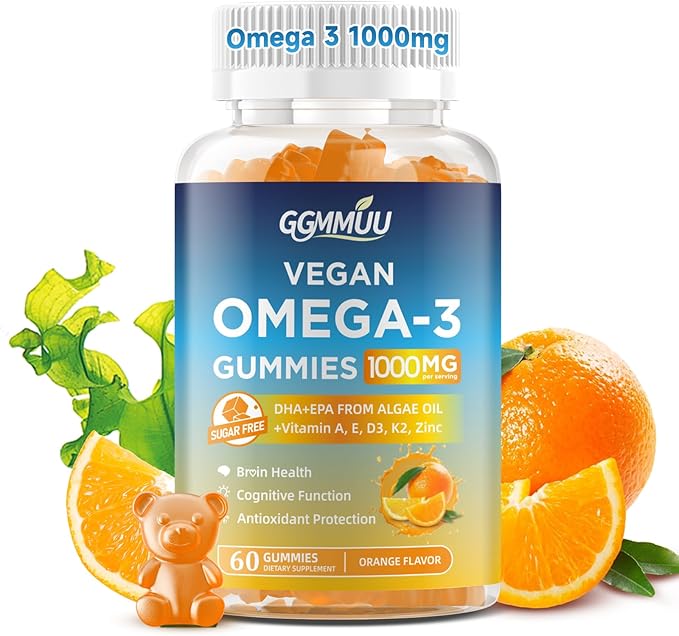 Vegan Omega 3 Gummies 1000MG Algal Oil Omega 3 Supplement for Adults with Algae DHA 600mg & EPA 300mg Fish Oil Alternative - for Eye & Immune Health, No Fish Taste, Orange Flavor, 60 Count