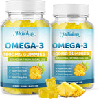 Vegan Omega-3 Gummies 1600mg EPA & DHA from Algal Oil, Fish Oil Alternative for Adults & Kids, Omega 3 Supplement with Vitamin D3 K2 for Brain, Eye & Immune Health Sugar Free Pineapple, 60 Count