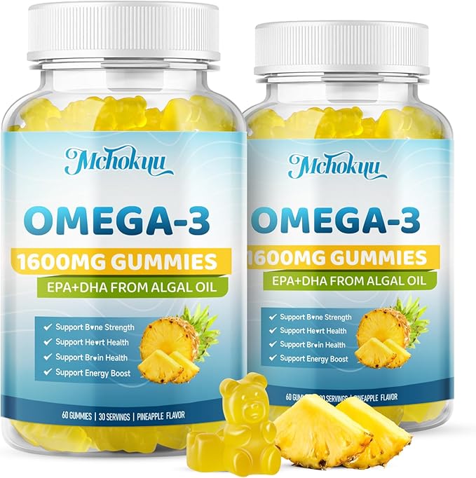Vegan Omega-3 Gummies 1600mg EPA & DHA from Algal Oil, Fish Oil Alternative for Adults & Kids, Omega 3 Supplement with Vitamin D3 K2 for Brain, Eye & Immune Health Sugar Free Pineapple, 60 Count