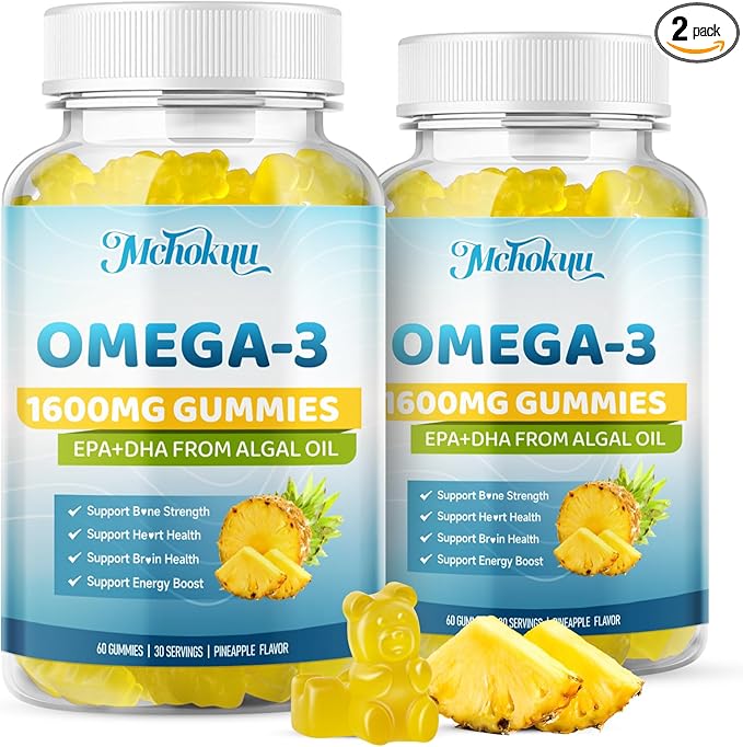 Vegan Omega-3 Gummies 1600mg EPA & DHA from Algal Oil, Fish Oil Alternative for Adults & Kids, Omega 3 Supplement with Vitamin D3 K2 for Brain, Eye & Immune Health Sugar Free Pineapple, 120 Count