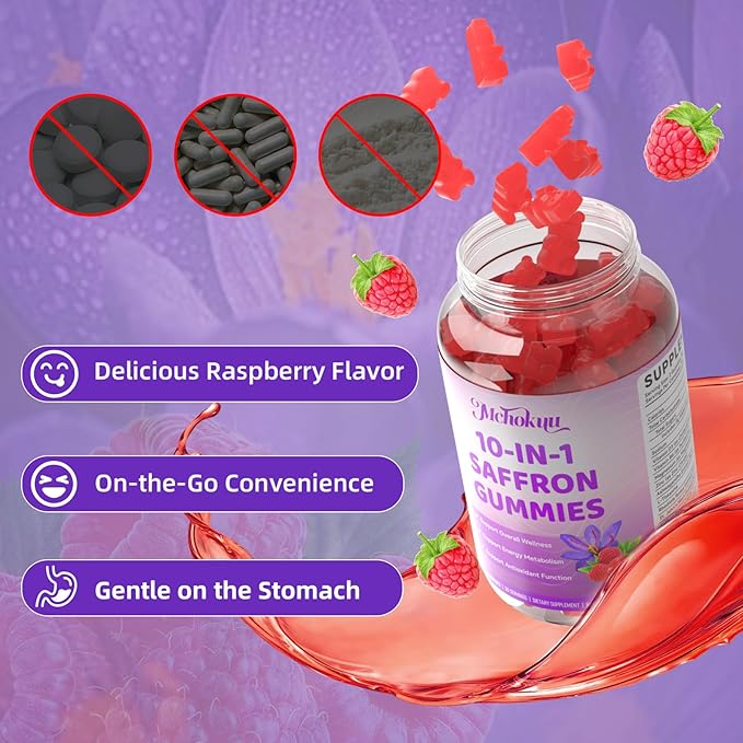 Saffron Supplement Gummies for Kids & Adults Supports Antioxidant Function with Ashwagandha, L-Theanine, Rhodiola Rosea, Lemon Balm, Vitamin D3, B6, Magnesium & Zinc – Raspberry Flavor, 120 Count