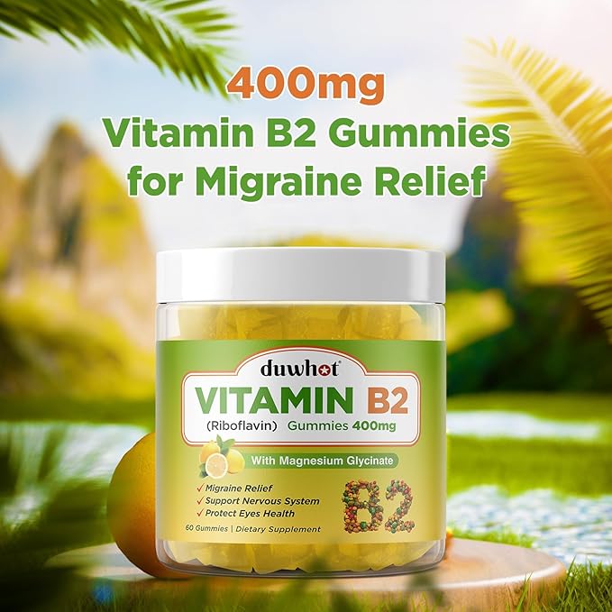 duwhot Vitamin B2 Gummies with Magnesium- Riboflavin 400mg for Migraine Relief & Headache Relief, B2 Vitamins Gummies for Adults & Kids, Vegan, 60 Chewable