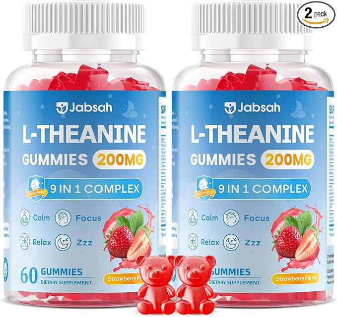 L-Theanine Gummies for Kids & Adults, L Theanine Supplement with Magnesium Glycinate, Ashwagandha, GABA, 5HTP for Calm, Relax, Zzz & Focus Support, Vegan Strawberry Flavor, 120 Count