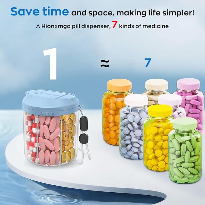 Hionxmga Pill Dispenser with 7 Large Compartments, 4.4" H x 3.6" Dia Pill Organizer for Travel, Supplement Organizer with Anti-Mixing Design, BPA-Free Pill Container with 20 Pcs Labels, Black+ Blue
