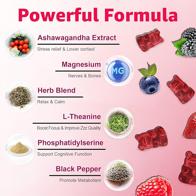 Cortisol Gummies - Cortisol Supplements for Women & Men with Ashwagandha, Magnesium, L-theanine for Cortisol Balance, Support Relaxation, Energy, Zzz, Mixed Berry Flavor, 60Ct