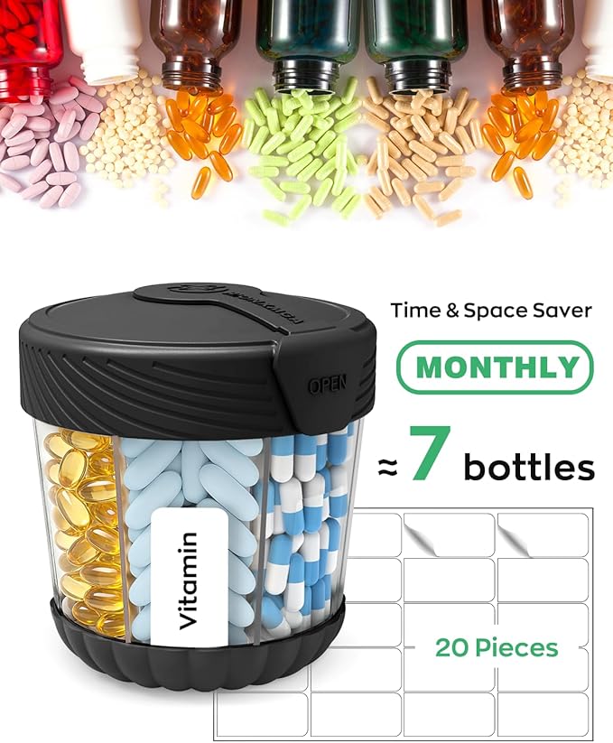 HIONXMGA Large Pill Dispenser, Portable Pill Bottle Organizer for 7 Vitamins, Anti-Mix Supplement Organizer with Easy Twist Wide Opening, BPA-Free Pill Container, 20 Pcs Labels Included, Black