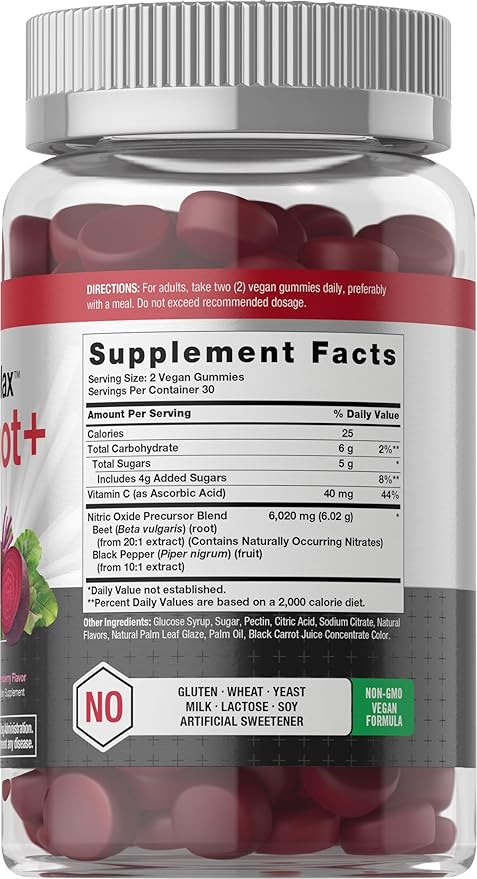 Horbäach Nitric Oxide Beet Root Gummies | 60 Chews| with Nitrates, Vitamin C & Black Pepper | for Men & Women | Strawberry Flavor | Vegan, Non-GMO, Gluten Free Supplement