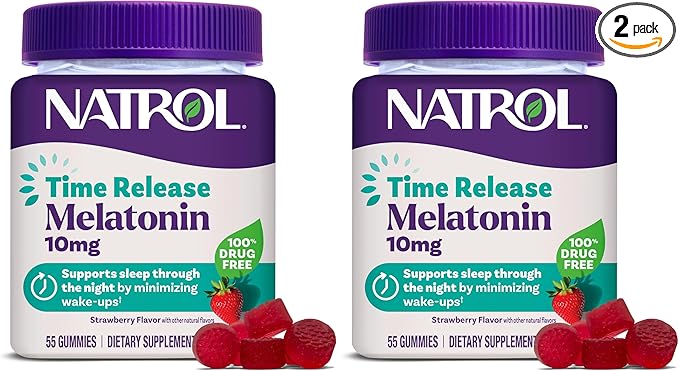 Natrol 10 mg Melatonin Gummies,Time Release Sleep Gummies for Adults,Minimize Wake Ups,Strawberry-Flavored,55 Day Supply,55 Count (Pack of 2)