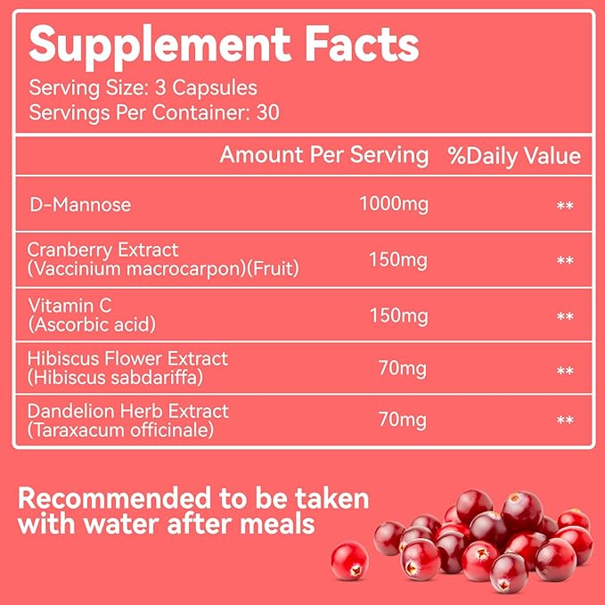 D-Mannose Supplement – 1000mg Capsules with Cranberry, Vitamin C, Hibiscus & Dandelion Extract, Support Urinary Health, D Mannose & Cranberry Capsules, 90 Count(Pack of 2)