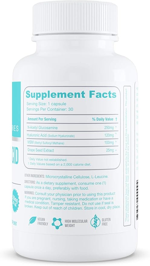 Hyalogic Hyaluronic Acid Delayed Release Capsules | Combo Formula w/Glucosamine MSM | Support Healthy Joints, Eyes and Skin and Overall Body | Promote Healthy Skin | 120 mg | Non-GMO (30 Count)