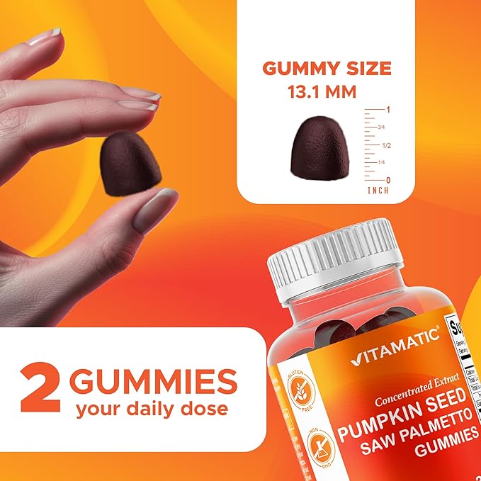 Vitamatic Pumpkin Seed 20:1 Extract & Saw Palmetto 10:1 Extract Gummies – Sugar-Free Botanical Extract – Natural Raspberry Flavor – Vegan, Non-GMO, Plant-Based Gummies – 60 Count - 2 Pack (120 Count)