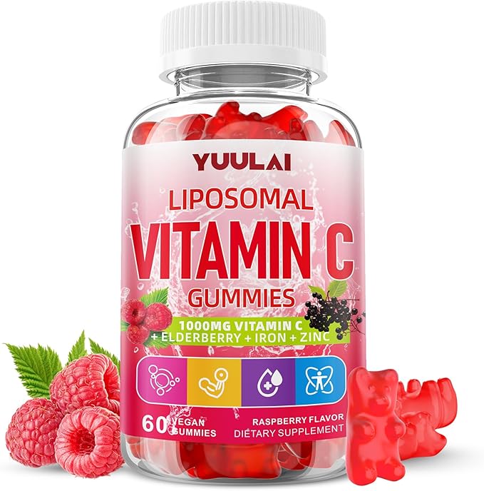 Liposomal Vitamin C 1000mg Gummies for Adults, Vitamin C Chewable with Iron, Zinc & Elderberry for Immune Support & Energy, Sugar Free, RaspberryFlavor, 60 Count