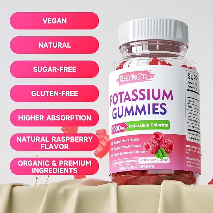 Potassium Gummies, Potassium Chloride for Adults, Sugar-Free Potassium Supplement Gummies Support Electrolyte Balance for Women & Men, Raspberry Flavor, 60 Count
