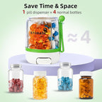 4 Compartments Pill Bottle Organizer, Anti-Mix Travel Pill Dispenser with Safety Lock, Pill Case with 16pcs Labels, Cute Pill Organizer for Seniors, Caregivers & Daily Vitamin Management(Green)