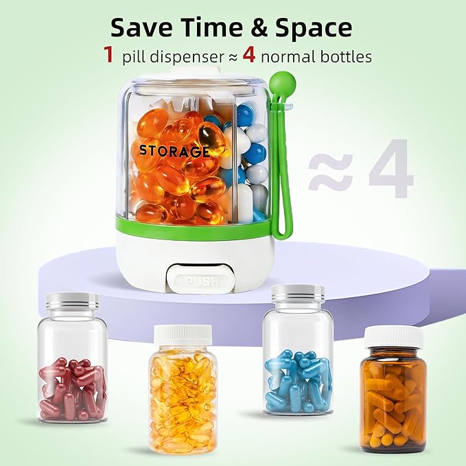 4 Compartments Pill Bottle Organizer, Anti-Mix Travel Pill Dispenser with Safety Lock, Pill Case with 16pcs Labels, Cute Pill Organizer for Seniors, Caregivers & Daily Vitamin Management(Green)