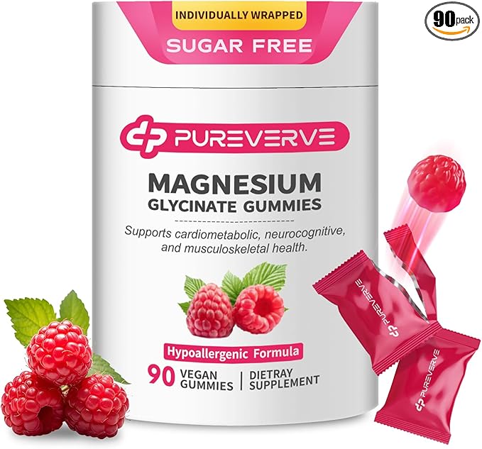 Magnesium Glycinate Gummies 300mg - 90 Count Individually Wrapped, Low-Allergy Formula, Supports Cardiovascular Health, Cognitive Function & Muscle-Bone Strength, Non-GMO, Gluten & Soy Free