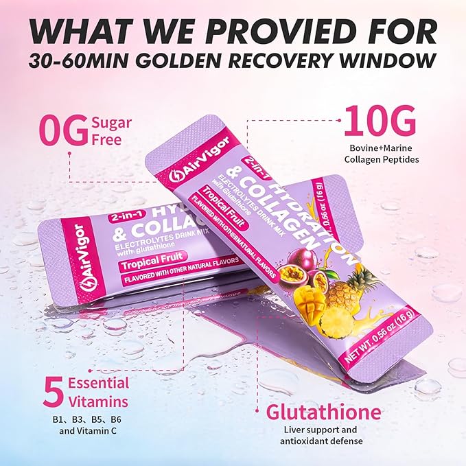Electrolyte Collagen Powder Packets, 10g Collagen Protein Drink Mix for Hydration Recovery, Zero Sugar 2-in-1 Post Workout Rehydration, Joint Skin Muscle Support, 5 Vitamins, Tropical Fruit