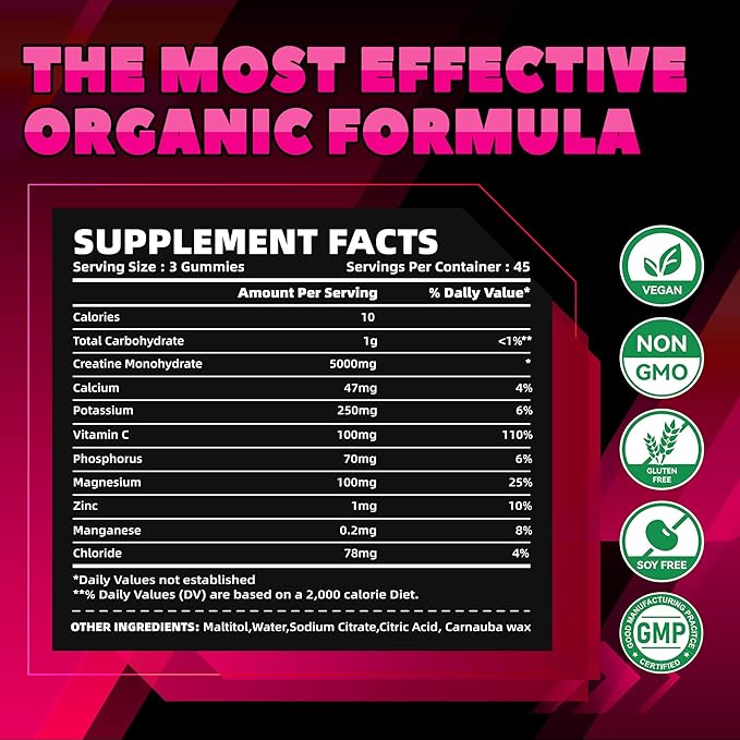 Creatine Monohydrate Gummies (5g) – Pre-Workout Energy & Muscle Growth Support for Men & Women | Raspberry Electrolyte Gummies (135 Count)