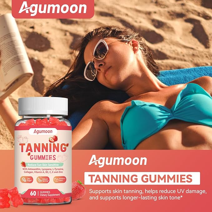 Tanning Gummies for Women and Men, Self Tan Supplement with Beta Carotene, Lycopene, Astaxanthin, Collagen & Vitamins, for Skin Health & Pigmentation, Vegan - 60 Gummies