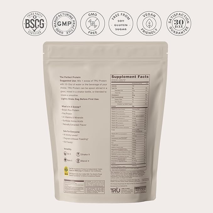 TRU Supplements Plant Based Protein Powder, BCAA, EAA, 20g Vegan Brown Rice & Pea Protein, 100 Calories, 27 Vitamins, No Artificial Flavors 25 Servings (Strawberry Cream)