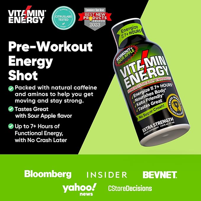Vitamin Energy Workout+ Extra Strength Energy Shot Sour Apple 24 Pack, 260mg Natural Caffeine, Pre-Workout, B-Vitamins, Minerals, Endurance & Performance, Zero Sugar, Gluten-Free, Vegan, 1.93 fl oz