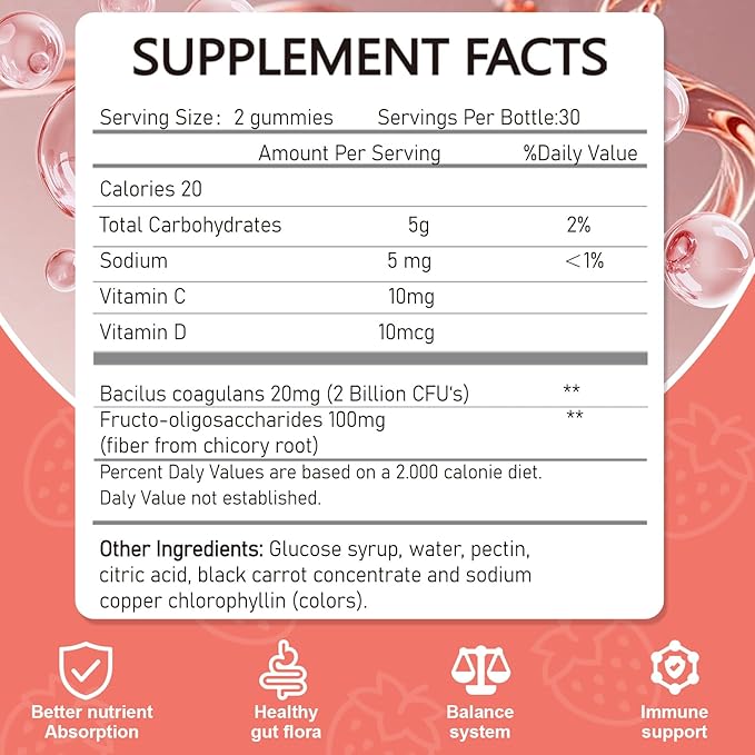Probiotic Fiber Gummies for Adults, No Sugar Added Strawberry Flavor– 120 Billion CFUs –Vitamin C,Vitamin D–Digestive Health & Regularity Support(60 Count)