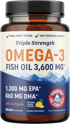 Triple Strength Omega 3 Fish Oil 3600 mg | EPA & DHA | Over 2100mg Omega-3 Fatty Acids | 1300mg EPA + 860mg DHA | Best Essential Fatty Acids | Premium Wild Caught & Burpless Fish Oil | 180 Ct