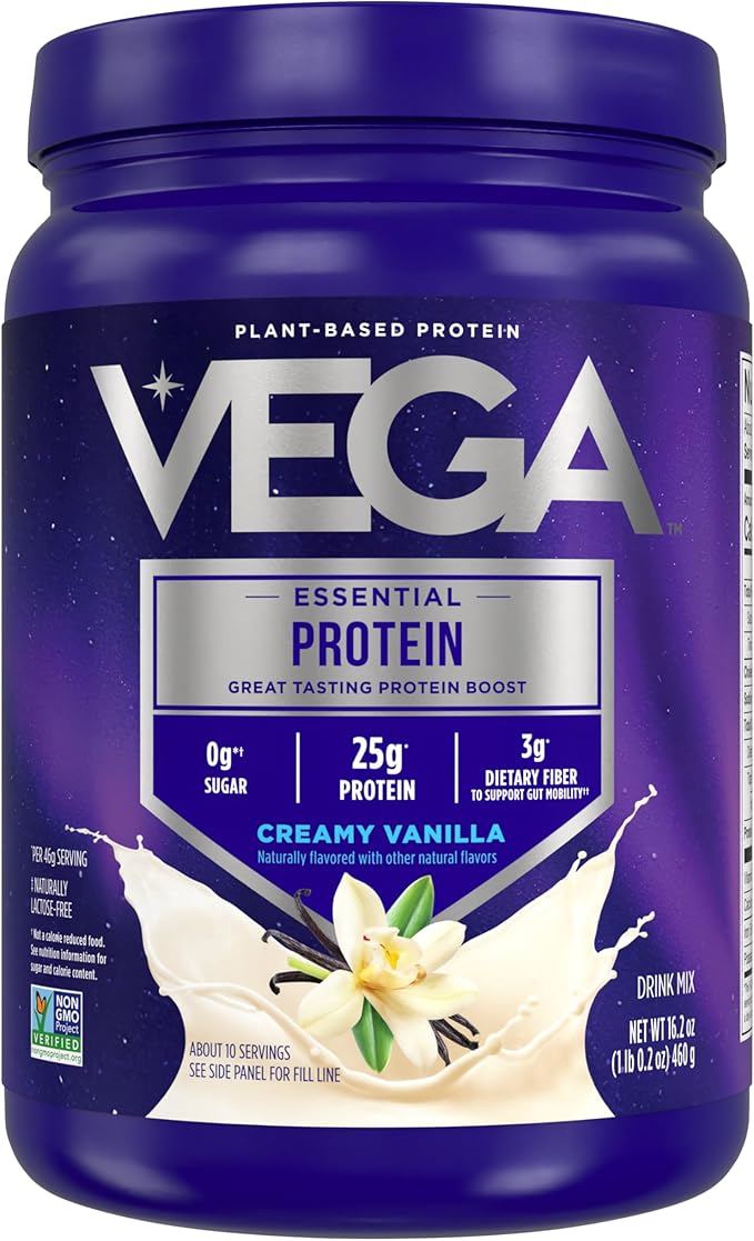 Vega Original Essential Protein - 25g Plant-Based Protein, Creamy Vanila, 10 Servings, Vegan, Non-GMO Drink Mix, Smoothie & Shake Ready, Gluten Free, Dairy Free, 16.2oz (Packaging May Vary)