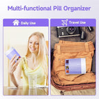 Daviky Pill Bottle Organizer, Supplement Organizer with 7 Large Compartments, Travel Pill Dispenser Round Pill Box with Two Lids（Purple）