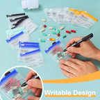 Serfeymi 32 Pcs Pill Pouch Bags for Travel Reusable Plastic Bags 3 x 3 Inches 12 mil (Double Sided) Translucent Zippered Pill Pouches for Medicine with Slide Lock & Writable Label，1 Pc Marker - Blue