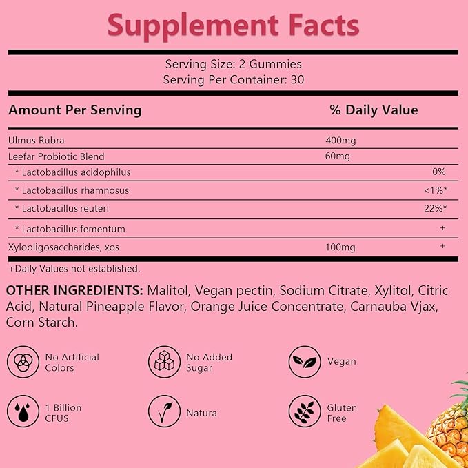 Her Juicy Premium Feminine Probiotics Gummies for Women, Pineapple Flavor Feminine Gummies with Slippery Elm Support pH Balance, Improve Immune, Vegan, Gluten Free, Crimson, 1 Pack