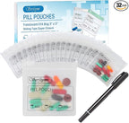 Serfeymi 32 Pcs Pill Pouch Bags for Travel Reusable Plastic Bags 3 x 3 Inches 12 mil (Double Sided) Translucent Zippered Pill Pouches for Medicine with Slide Lock & Writable Label，1 Pc Marker - White