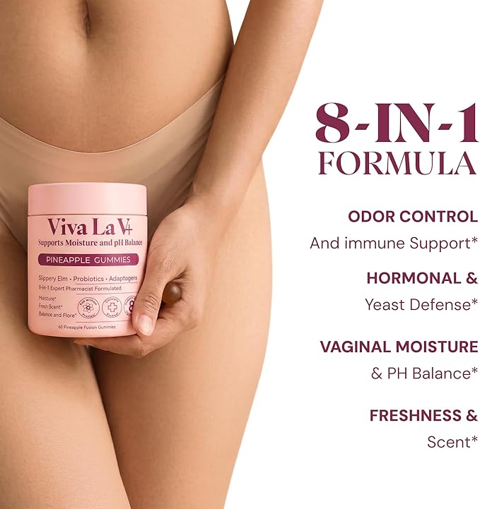 8-in-1 Slippery Elm Vaginal Probiotic Gummies for Women - Intimate Moisture, Balanced pH, Healthy Odor, Yeast Balance & Flora Support + Vitamin C - Tasty Pineapple (60 Count)