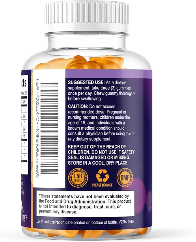 Omega 3 Fish Oil Gummies - 3X Strength Heart Health Support, High Absorption Omega 3 Fish Oil Gummy Supplement with DHA & EPA, Joint & Brain Support for Adults, Delicious Orange Flavor- 60 Gummies