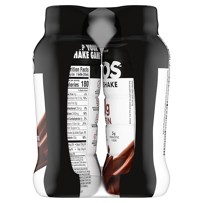 Oikos Protein Shake, Chocolate, 30g High Protein Drinks, Shelf Stable, Ready to Drink, 5g Prebiotic Fiber, 12 fl oz Bottle, 4 Count