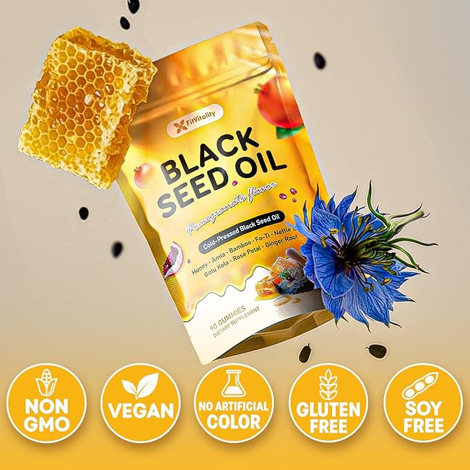 90 Black Seed Oil Gummies | 500mg Cold-Pressed Black Seed Oil, Amla, Bamboo, Fo-Ti, Nettle Leaf, Gotu Kola Extract | Vegan, Non-GMO Gummies | Hair, Skin & Nail Nourishment | Pomegranate Flavor