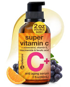 Double Size (2OZ) Super Vitamin C Serum for Face, Niacinamide Serum, 5% Vitamin C Face Serum, Hyaluronic Acid, Resveratrol, Anti-Aging Brightening