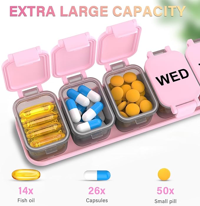Extra Large Weekly Pill Organizer - XL Vitamin Holder with 7 Detachable Compartments, Portable Medicine Pill Organizer for Supplements, Daily Pill Case for Home and Travel,Pink