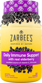 Zarbee’s Elderberry Gummies Daily Immune Support Supplement with Vitamins A C D E & Zinc, Black Elderberry Extract, Natural Berry Flavor, Vegetarian, Gelatin-Free, 60 ct