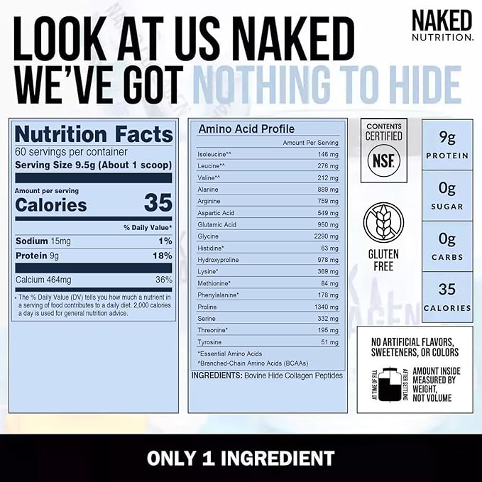 NAKED Collagen Peptides Protein Powder, 60 Servings, Pasture-Raised, Unflavored Grass-Fed Hydrolyzed Collagen Supplement, NSF Certified, Paleo Friendly, Non-GMO, Keto, Gluten Free, 20oz